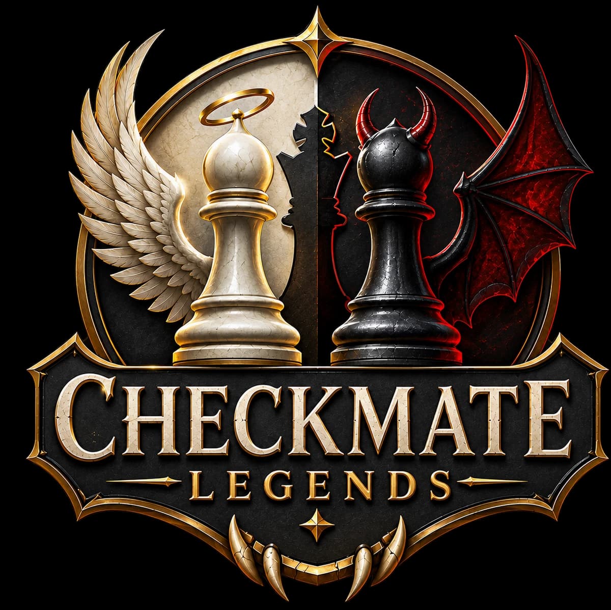 Checkmate Legends: an angelic white bishop and a demonic black bishop face off above the title crest