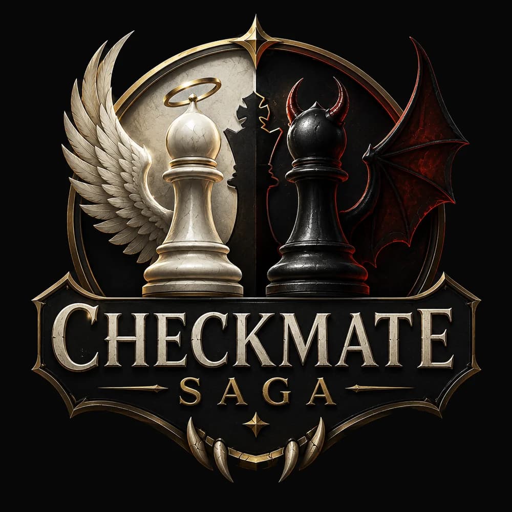 Checkmate Saga — an angelic white bishop and a demonic black bishop face off above the title crest