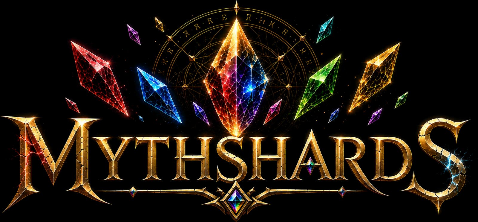 Mythshards — golden wordmark beneath a crown of glowing crystal shards