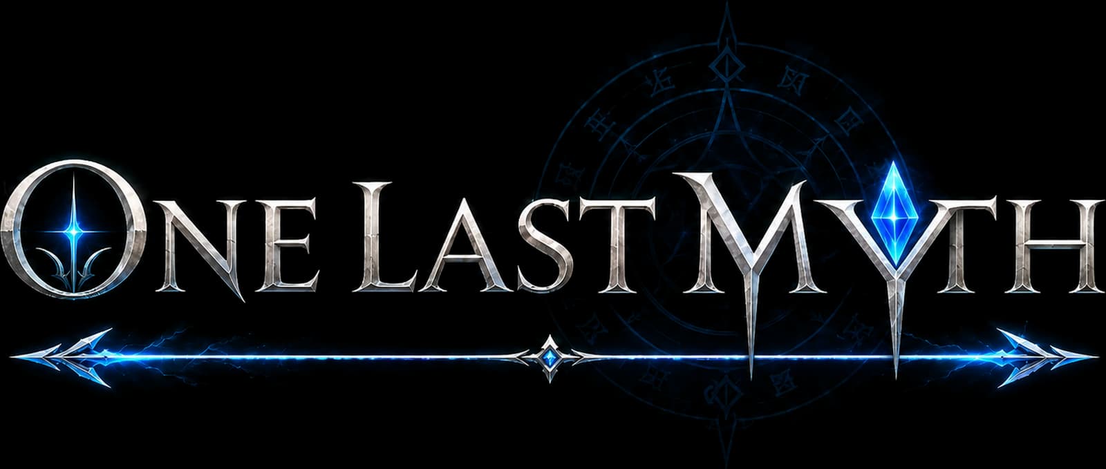 One Last Myth — silver wordmark with a blue crystal and a glowing blade beneath