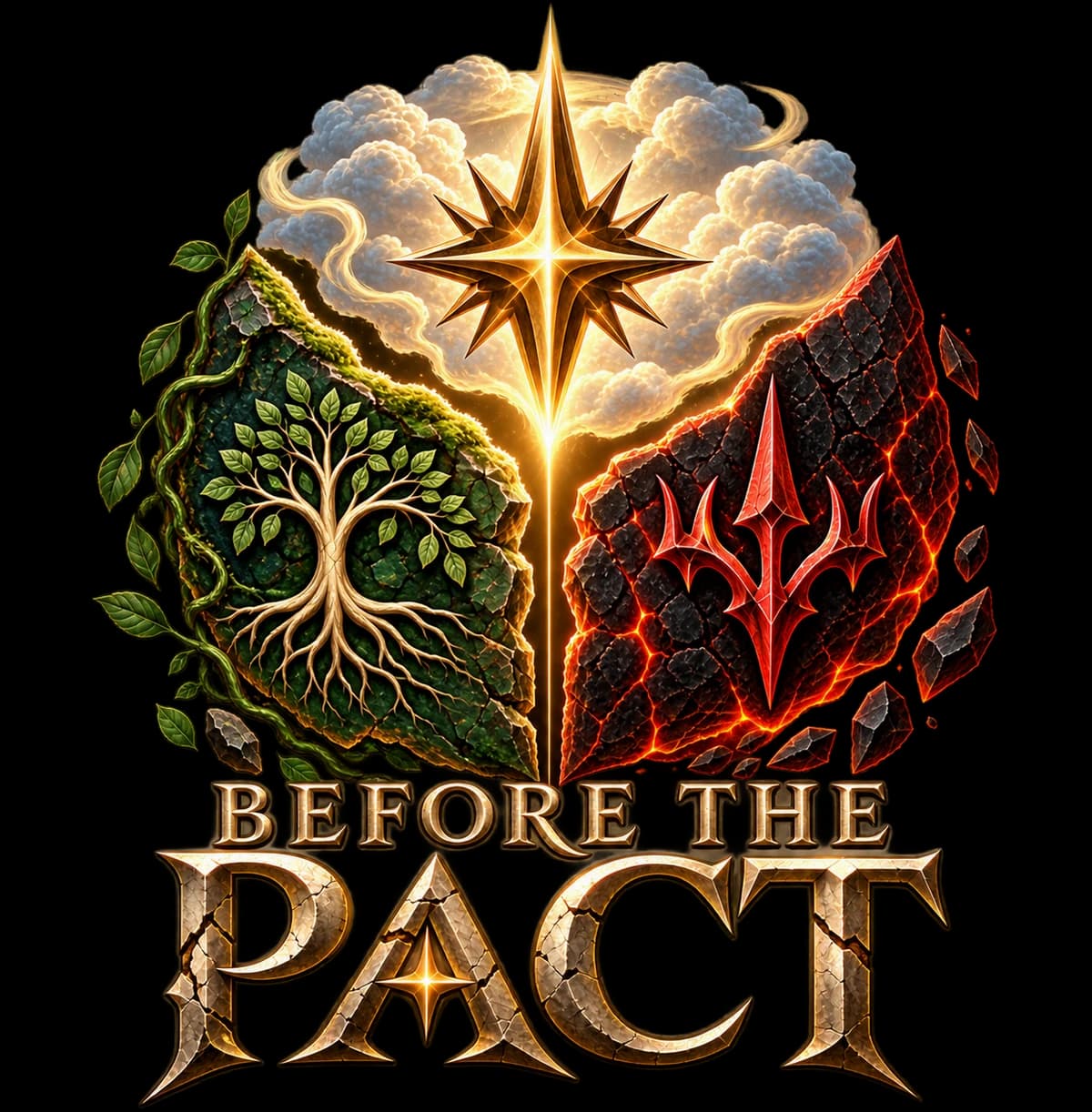 Before the Pact: the game logo, a sword splitting a world between light and fire