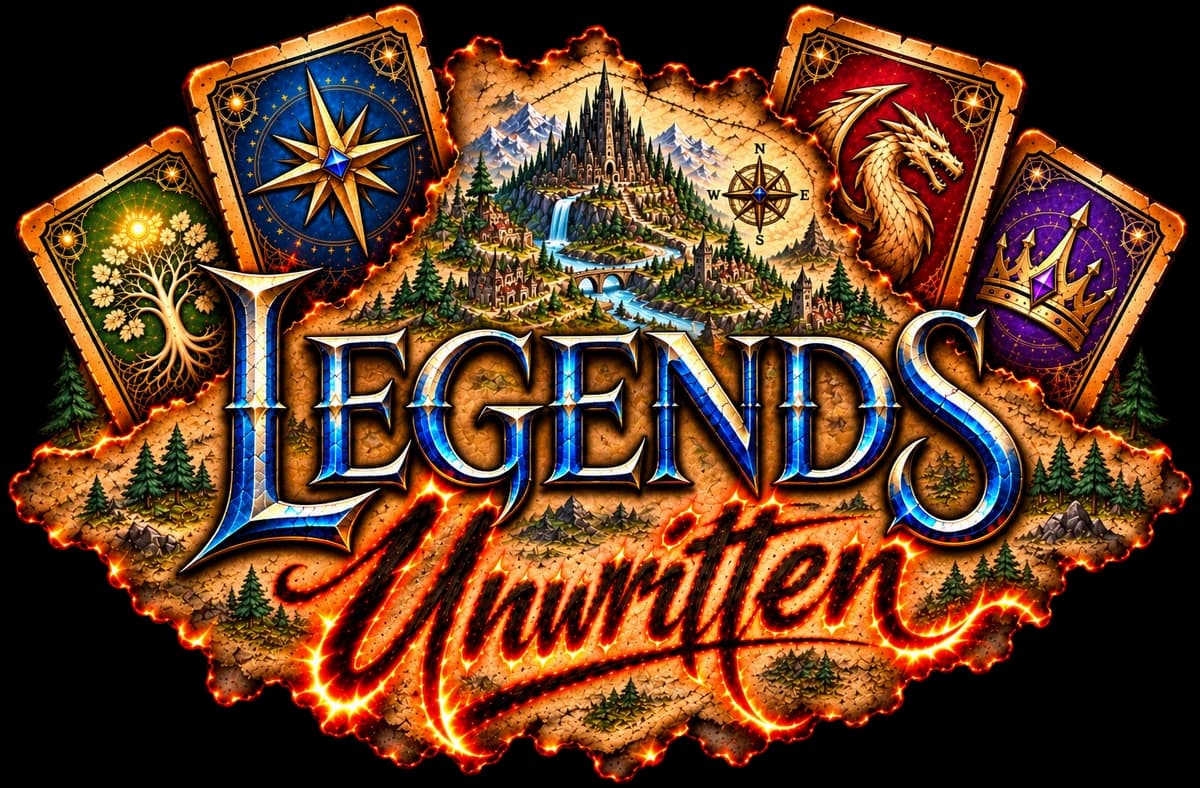 Legends Unwritten: the game logo, cards fanned over a map of Atheryn