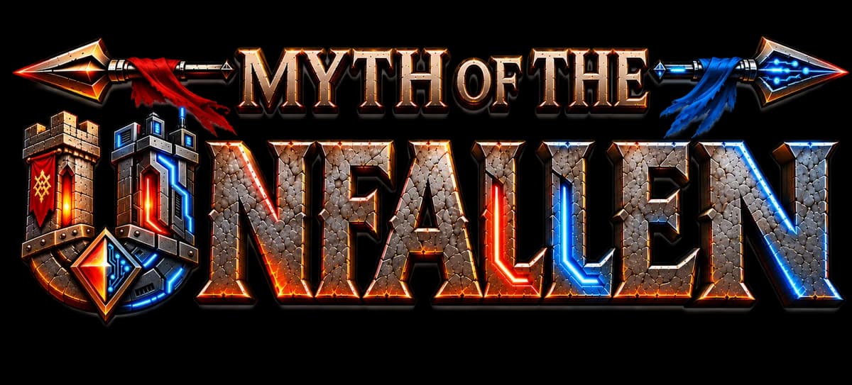 Myth of the Unfallen: the game logo, a fortified gate between two banners