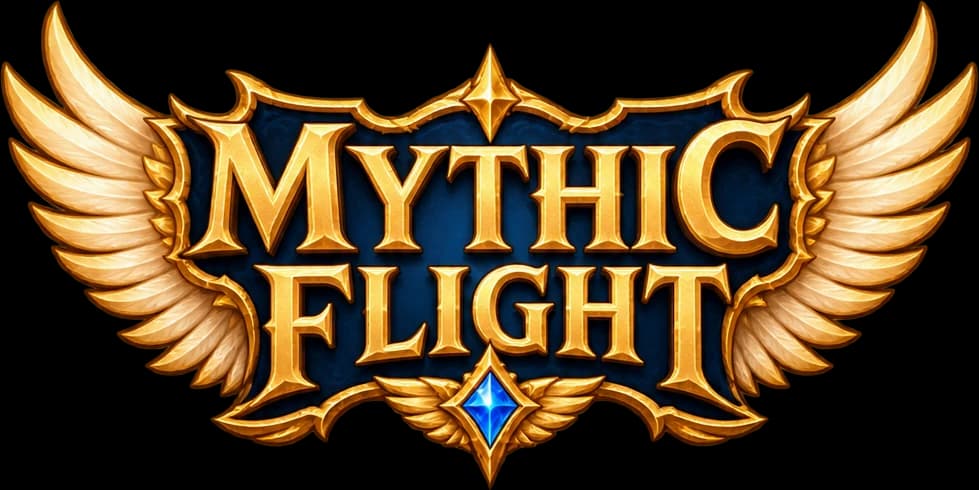 Mythic Flight: the game logo, a golden wordmark framed by angel wings