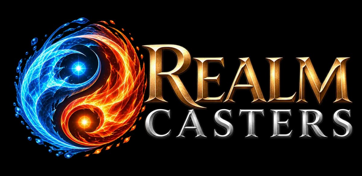 Realm Casters: the game logo, a fire-and-ice sigil beside the title