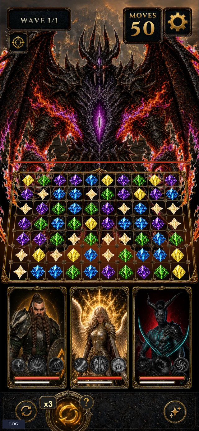 The match-3 board during the battle against Kraavos.