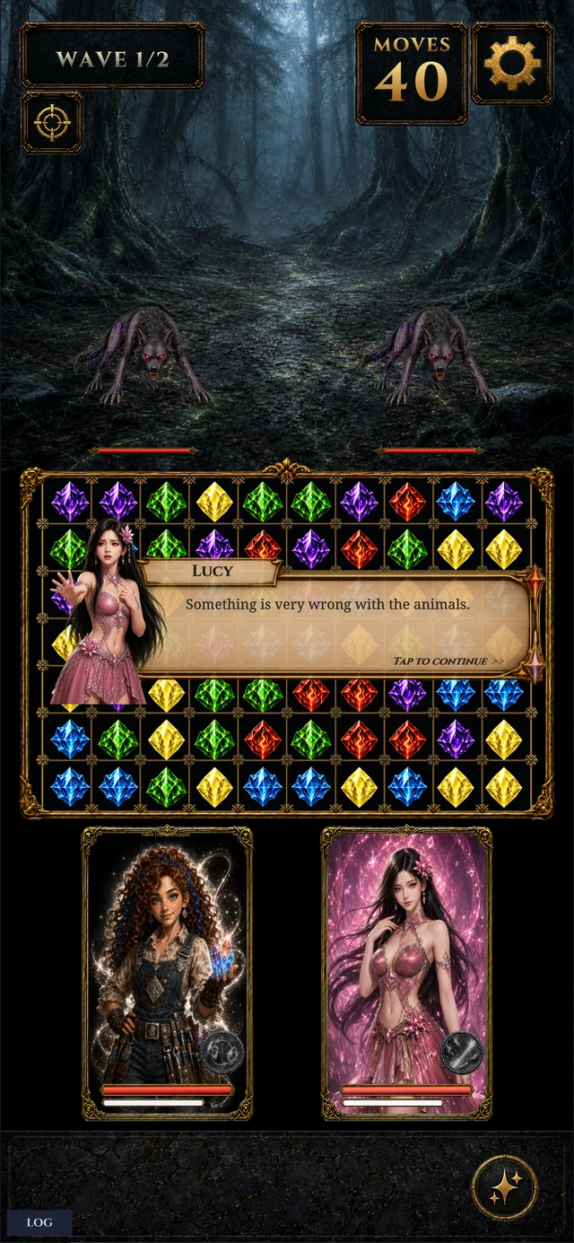 A battle against wolves with crystals and party abilities.