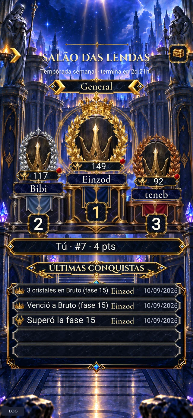 Salón de las Leyendas, con campeones, clasificaciones y recompensas.