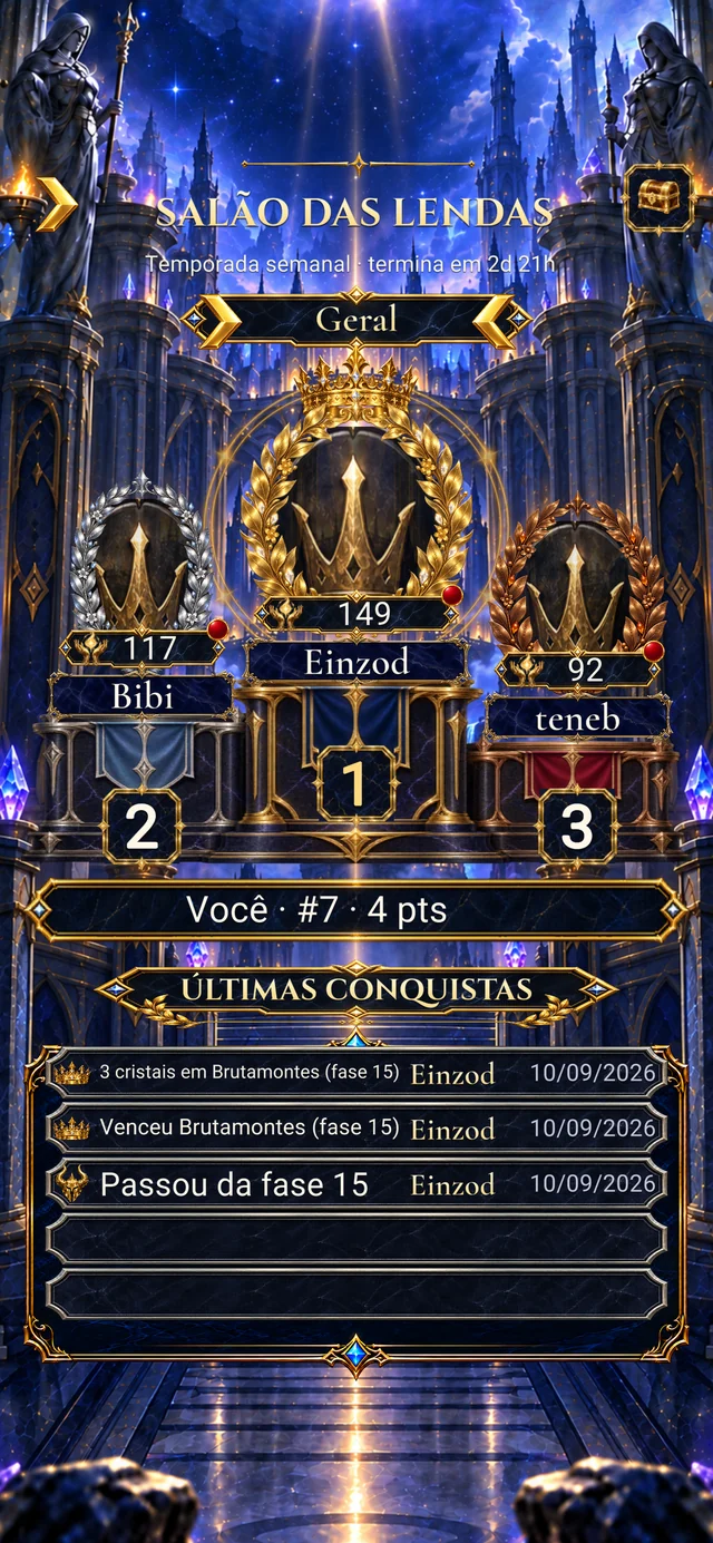 Salão das Lendas, com campeões, rankings e recompensas.