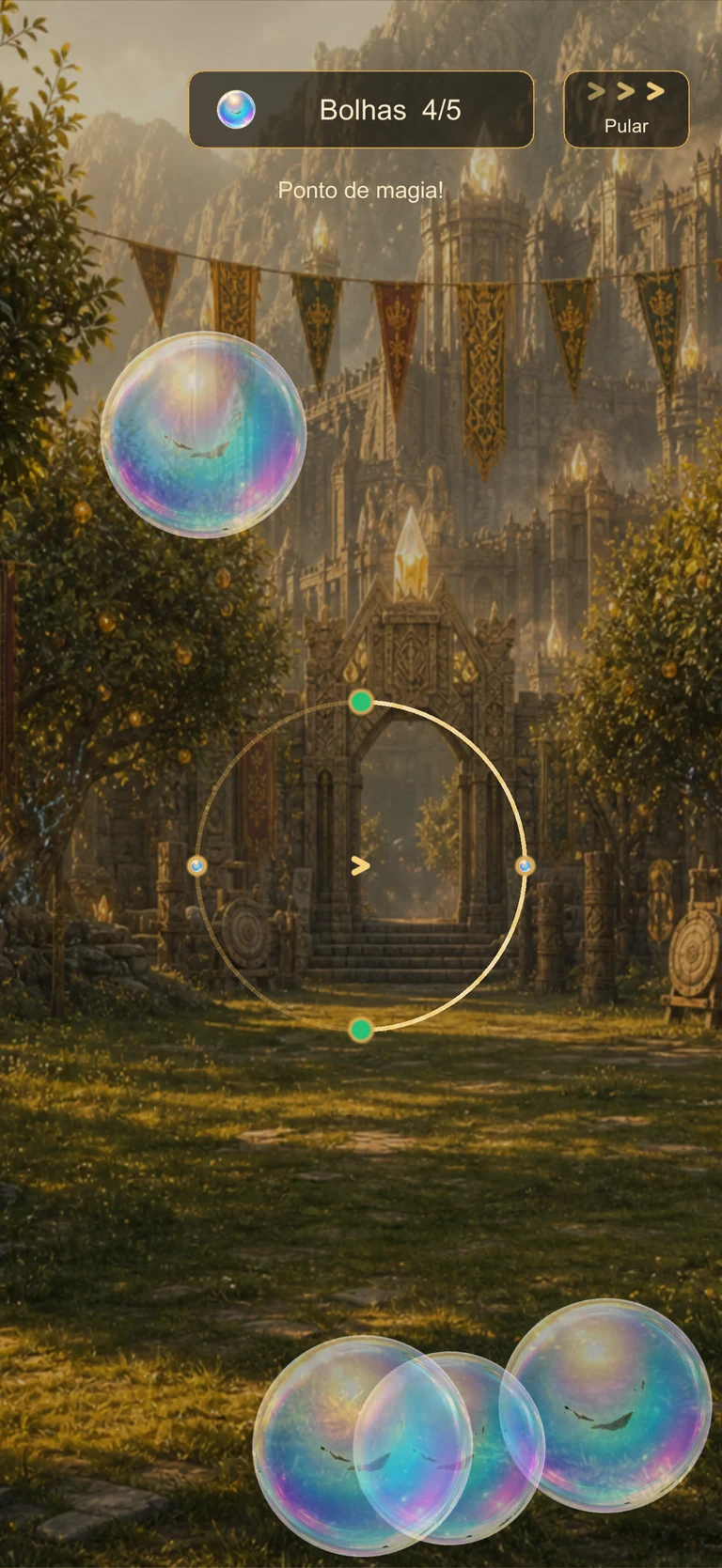 Mini-game de magia de Lucy com quatro bolhas formadas e o círculo para traçar a próxima.