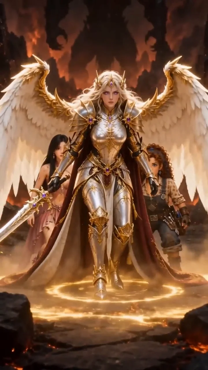 Zélia protege a Lucy y Maitê en una cinemática de Mythshards.
